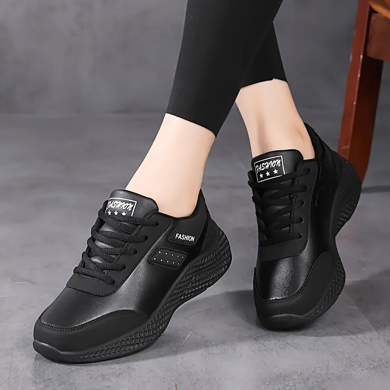 Stylish black running shoes with pink accents, lightweight and comfortable for all seasons. Durable EVA sole and cute design.