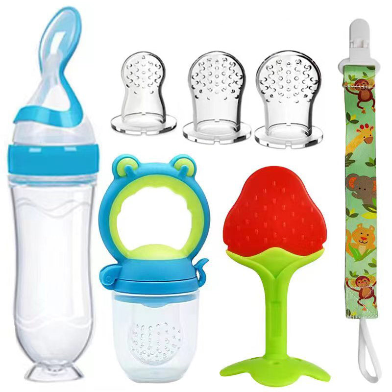 Baby Feeding Set includes 7 Pieces: Silicone Feeding Bottle with Spoon, Squeeze Baby Food Dispensing Spoon Feeder, Fresh Food Feeder Pacifier, Strawberry Teether, Pacifier Chain Clips Holder, and 3-Size Nipples. Perfect for Halloween, Thanksgiving, or