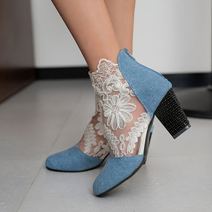 Women's Floral Lace Pattern Boots with Back Zipper, Chunky Heel, and Round Toe