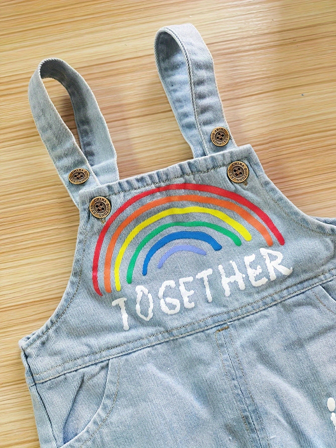 Girls' Rainbow Angel Denim Overalls with "TOGETHER WE ARE INS" Embroidery - Comfy Blend, Ripped Detail, Ideal for Spring/Fall, Denim Girls Outfit