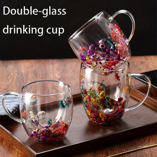 Stylish Double-Wall Glass Coffee Mug adorned with Vibrant Dry Flowers - Holds 250-350ml - BPA-Free - Hand-Wash Only - Great for Hot & Cold Drinks - Non-Slip Design - Perfect Christmas Gift - Ideal for Coffee Lovers & Coffee Bars