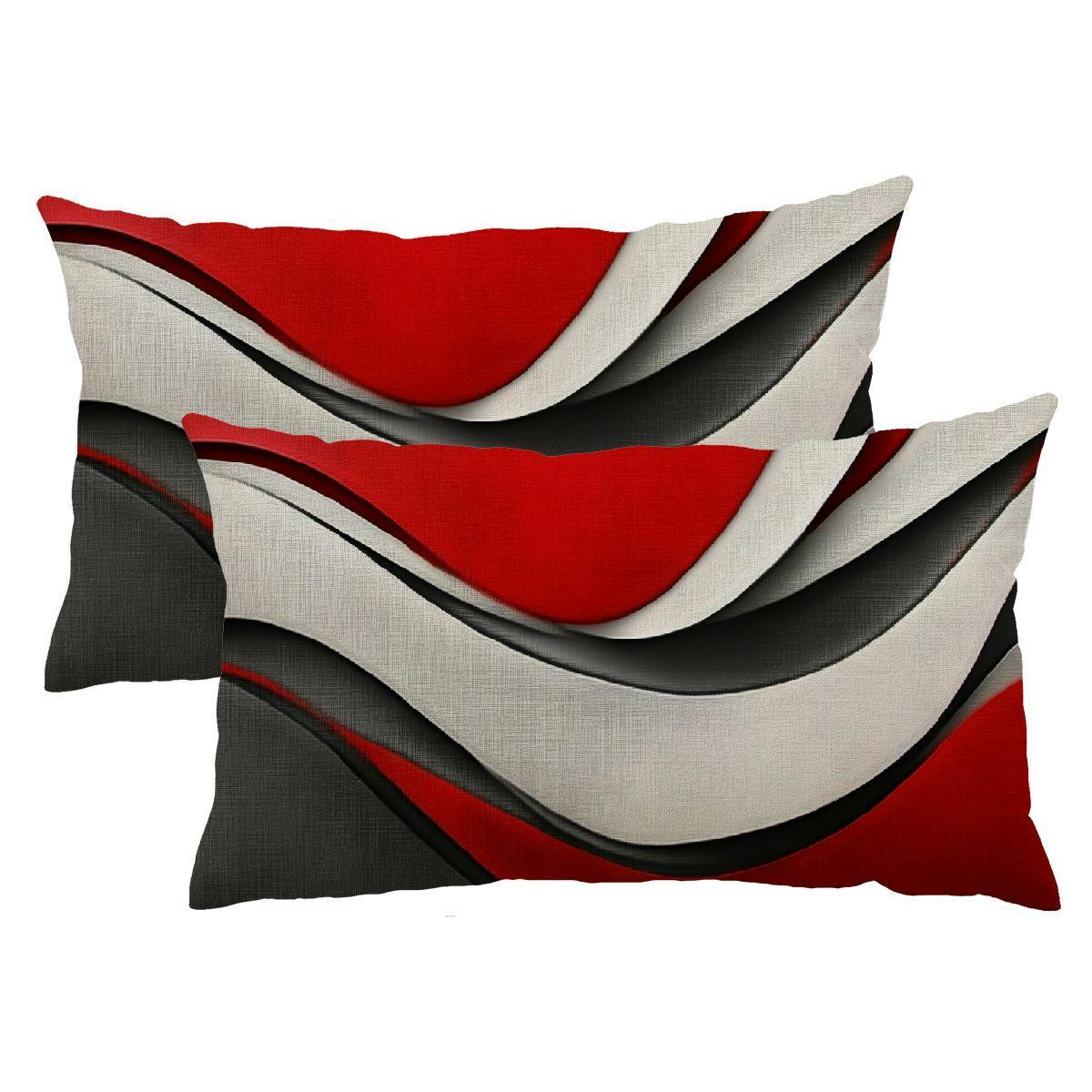 Set of 2 abstract rectangular pillowcases with an irregular pattern, featuring soft throw pillow covers in red, white, and grey with geometric lines. Each pillowcase measures 30.48x50.8 cm.