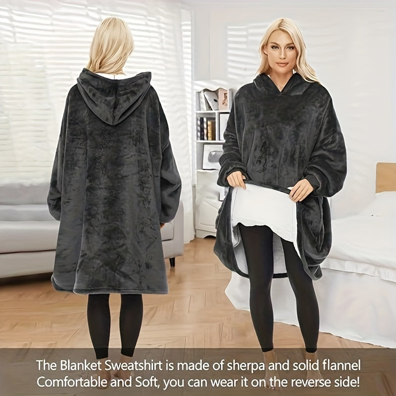 Stay warm and cozy with our Ultra-Soft Black Flannel Hooded Blanket featuring a large pocket. This reversible design is perfect for both indoor and outdoor use, making it ideal for activities such as watching TV, browsing phones, snuggling with pets, and