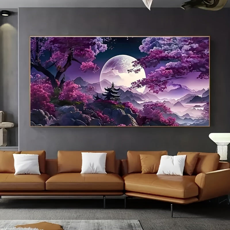 5D Diamond Painting Kit, Modern Abstract Landscape Water Diamond Art with Moon and Tree on Purple Background, for Adults, 70X40cm.