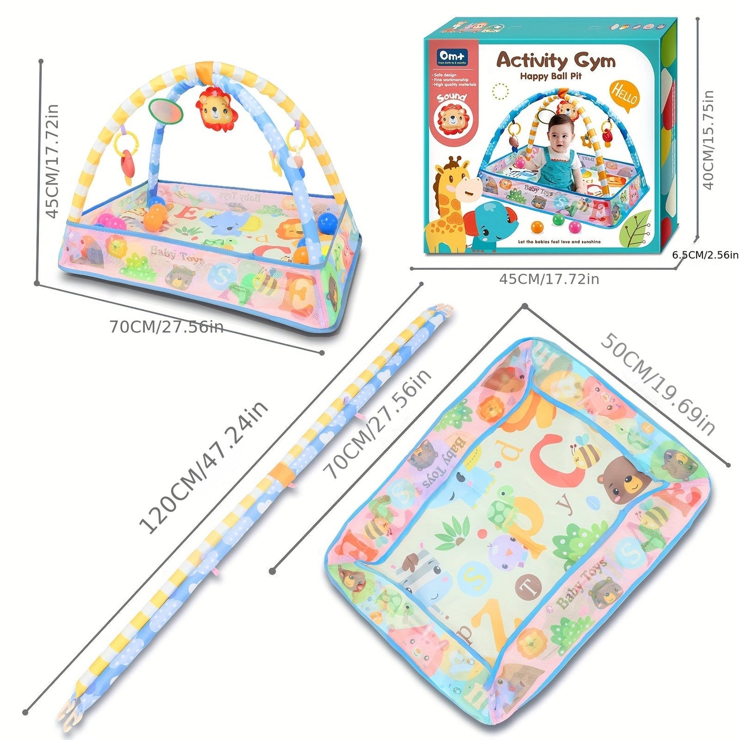 Colorful home play mat featuring an activity gym, ball pit, and sensory playmat. Safe and durable construction for endless hours of play.