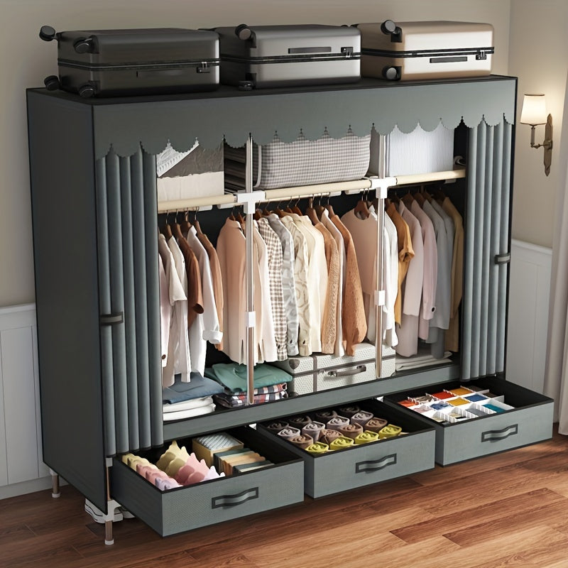 This modern wardrobe features a durable steel frame and sliding curtain for a sleek and space-saving design. Perfect for bedroom or dorm storage, this portable closet is both sturdy and stylish.