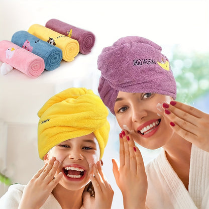 Ultra-absorbent microfiber hair towel wrap in cute cartoon designs - quick dry, lightweight shower cap for women. Available in blue, purple, yellow, pink. Soft and comfortable polyester blend.