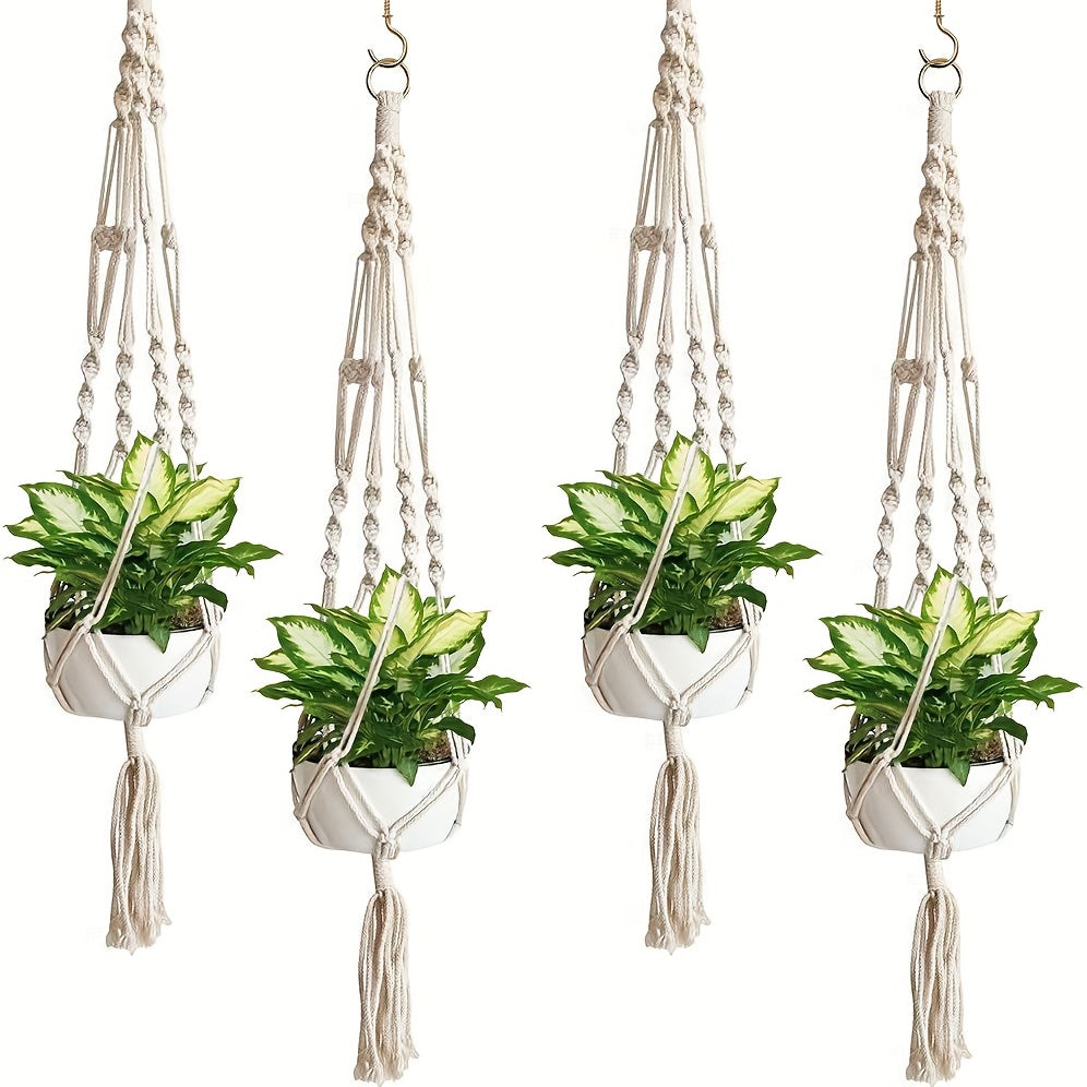 4-piece indoor/outdoor hanging planter rope rack, boho decorative woven basket, plant flower pot organizer, home garden decor storage.