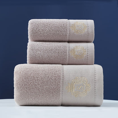 High-quality set of 3 pure cotton towels, soft and skin-friendly. Ideal for home, hotels, and beauty salons. Set includes 1 bath towel (380g, 70*140cm) and 2 face towels (100g each, 34*74cm). Excellent absorbency, perfect for bathroom promotions.