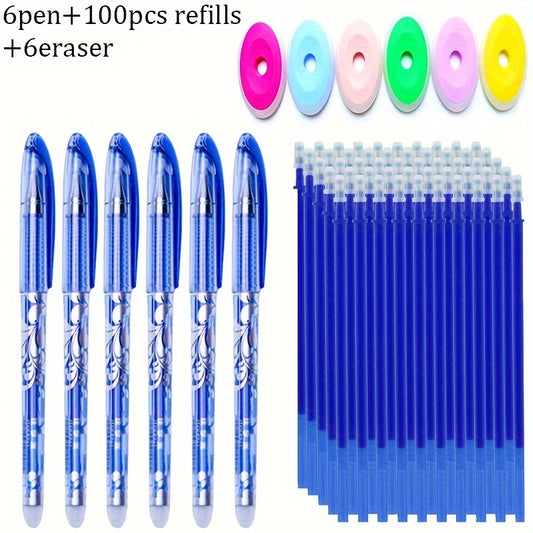 112-piece set of erasable gel pens with refills, 0.5mm fine point, washable grip, assorted colors. Perfect for office and school.