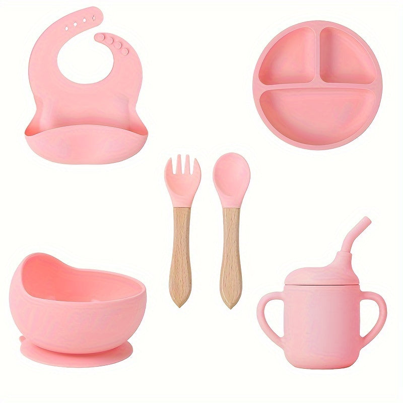 Set of 6 Silicone Feeding Items, Including Suction Bowl, Divided Plate, Self-Feeding Dish, Spoon, Fork, Sippy Cup, Adjustable Bib, and Eating Utensils for Led Weaning.