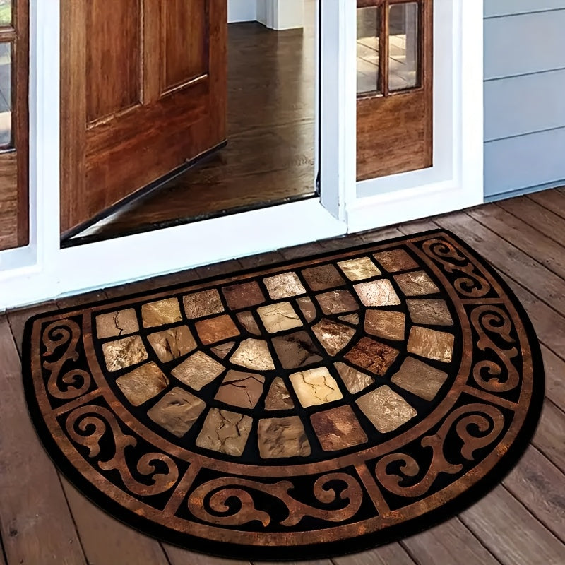 Indulgent Retro Half-Circle Velvet Door Mat with Anti-Slip Backing - Classy Mosaic Design, Perfect for Entryway, Bedroom, Kitchen, Bathroom - Easy to Clean, Made of 100% Polyester, Bathroom Rug, Great for Thanksgiving