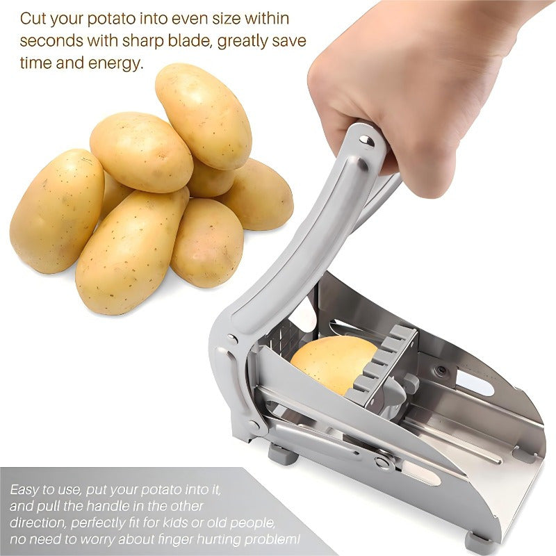 Introducing the InBrave Stainless Steel Fruit & Vegetable Cutter - a versatile kitchen gadget perfect for slicing french fries, chopping potatoes, and dicing onions. This durable tool features anti-slip feet for stability and is made with food-grade