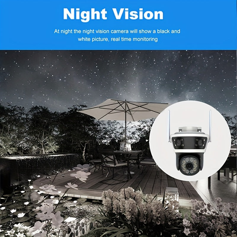 Keep your home secure with our Smart WiFi Outdoor Surveillance Camera! With multiple lenses for optimal coverage, easy smartphone control, night vision capabilities, and two-way audio, this camera is perfect for monitoring your surroundings. (SD Card Not