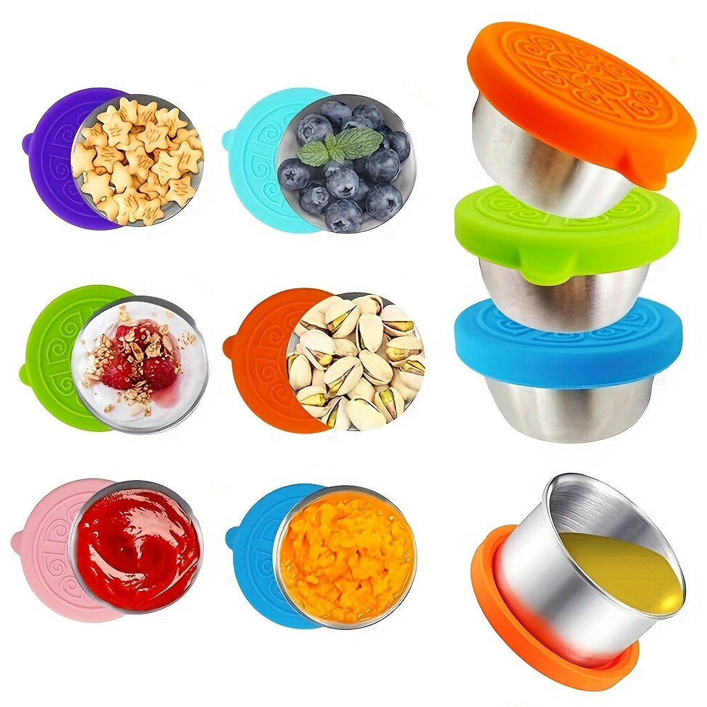 1pc/6pcs of 1.6oz reusable sauce cups with leakproof silicone lids, perfect for salad dressing on-the-go. Ideal for school, bento lunch boxes, restaurants, picnics, and travel. Stainless steel condiment cups.