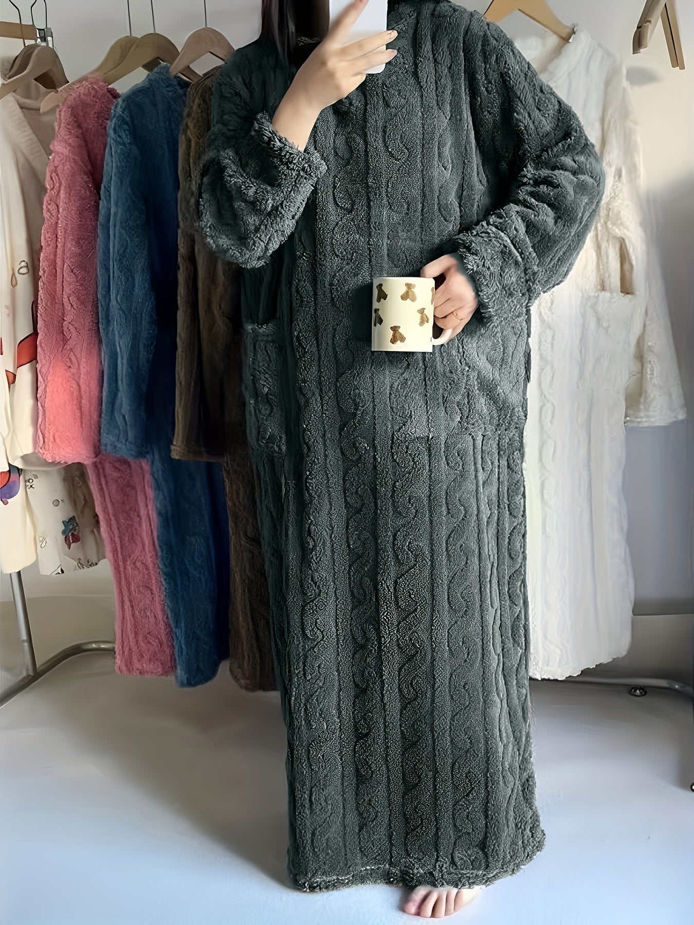 Women's fleece-lined long sleeve nightgown with cable knit texture - ideal for Fall/Winter.