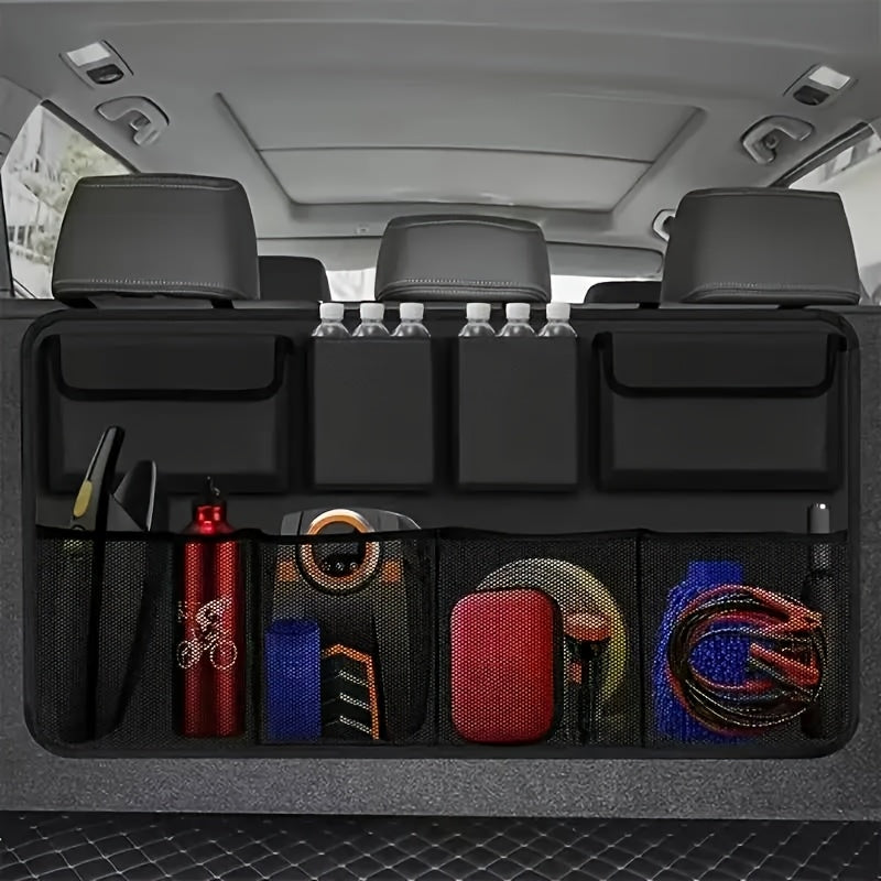 Space-saving car trunk organizer with 8 pockets, made of durable polyester, ideal for SUVs and trucks.