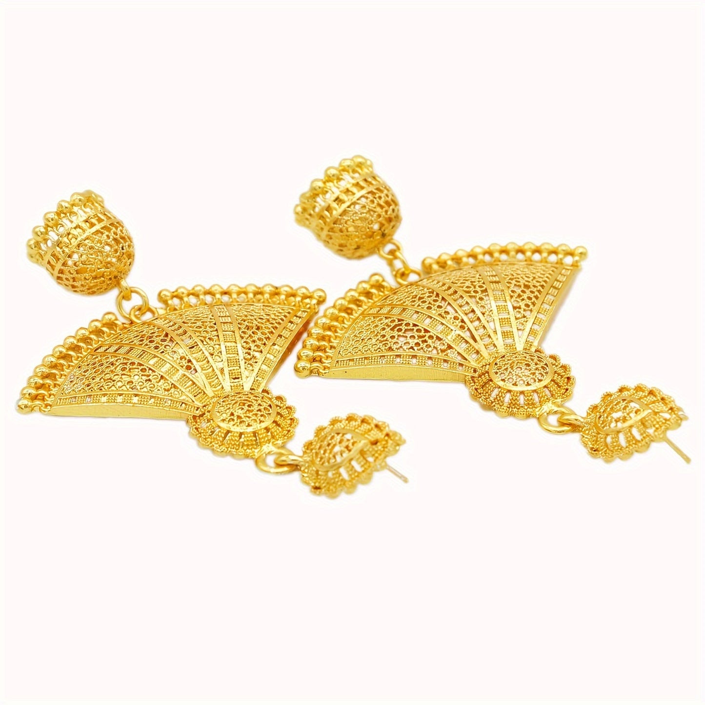 Golden alloy fan-shaped earrings designed for women, featuring a tribal, minimalist design without mosaic materials. Perfect for both casual daily wear and special occasions, these earrings are a versatile accessory that makes an ideal gift for birthdays