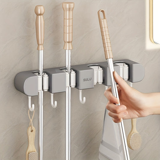 1pc Wall-Mounted Mop Hook with 3/4 Slots, No-Drill Plastic Storage Rack for Bathroom and Balcony.