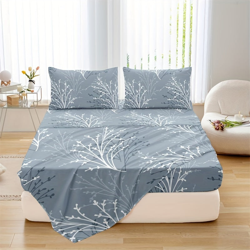 4-piece bedding set includes 1 flat sheet, 1 fitted sheet, and 2 pillowcases made of 100% polyester with floral print. Machine washable and suitable for all seasons. Does not include pillow