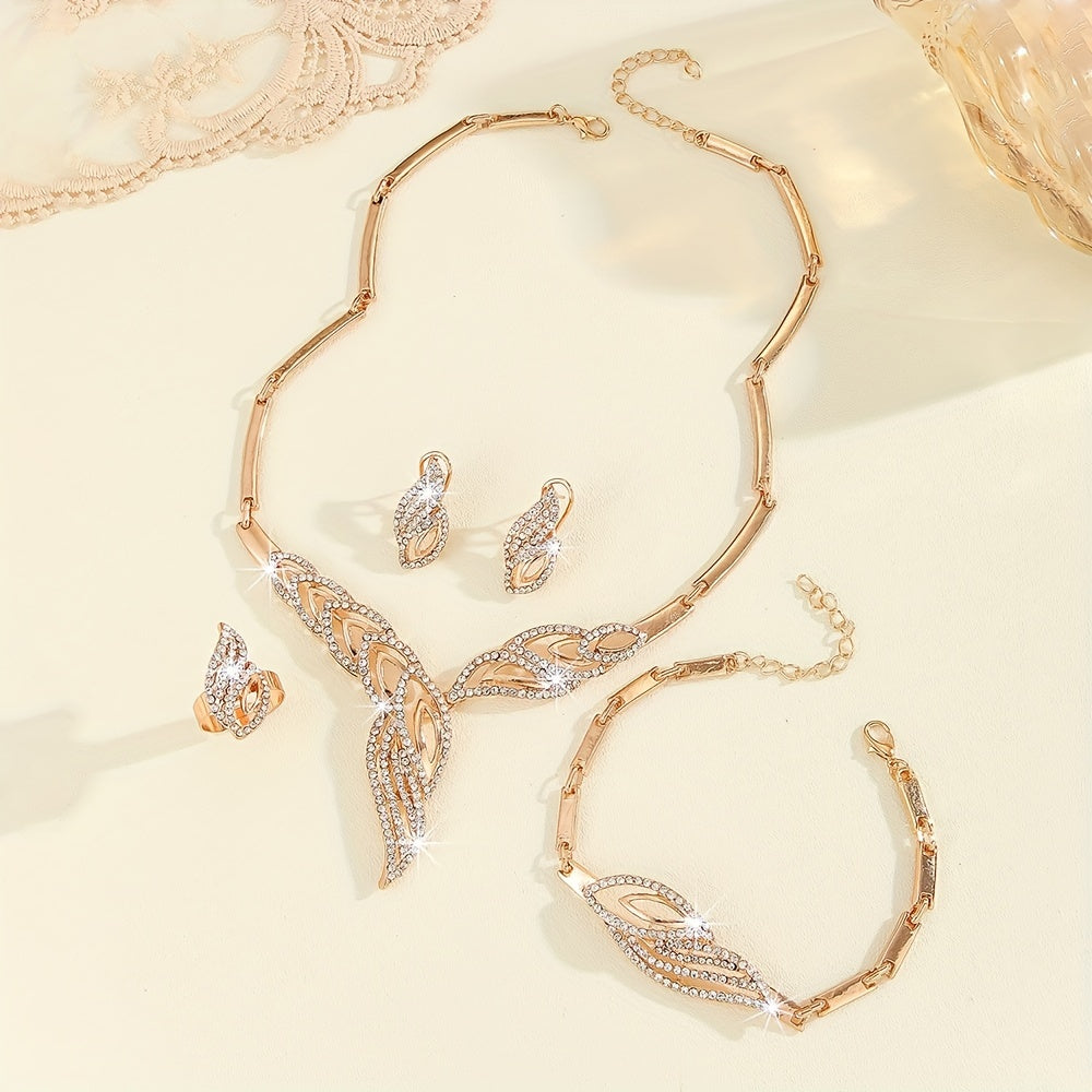 Beautiful and elegant jewelry set includes earrings, necklace, bracelet, and ring, all plated with 14k gold and adorned with sparkling rhinestones. Perfect for adding a touch of luxury to any party outfit.