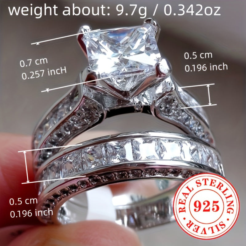 Stunning 925 Sterling Silver Bridal Ring Sets for Women - Two Pieces, 9.7g Total Weight, Featuring Square-Cut Synthetic Cubic Zirconia Stones in a 4-Prong Solitaire Design. Perfect for Engagement and Wedding, This Elegant Jewelry Set is Ideal for