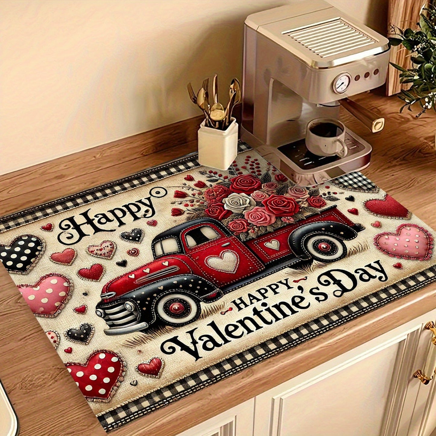 Upgrade your kitchen with a stylish Valentine's Day themed stove panel protector featuring a red truck and heart design. This durable polyester protector is heat and scratch resistant, easy to clean, and perfect for keeping your stove top looking great.