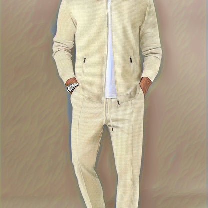 Men's casual waffle knit sweatsuit set with polyester zippered jacket and regular fit pants.