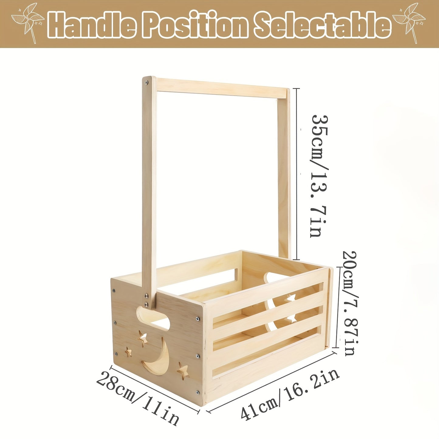 Classic wooden closet organizer with striped pattern and accessory set for nursery room. Unfinished manufactured wood storage crate in rectangle shape, perfect for a unisex gift basket with handle.