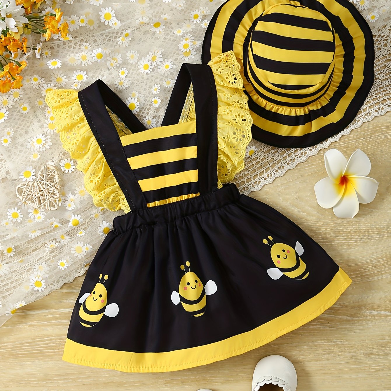 2pc Bee & Ladybug Themed Summer Dress Set for Girls - Striped, Ruffle-Trimmed with Matching Sun Hat, Polyester, Machine Washable