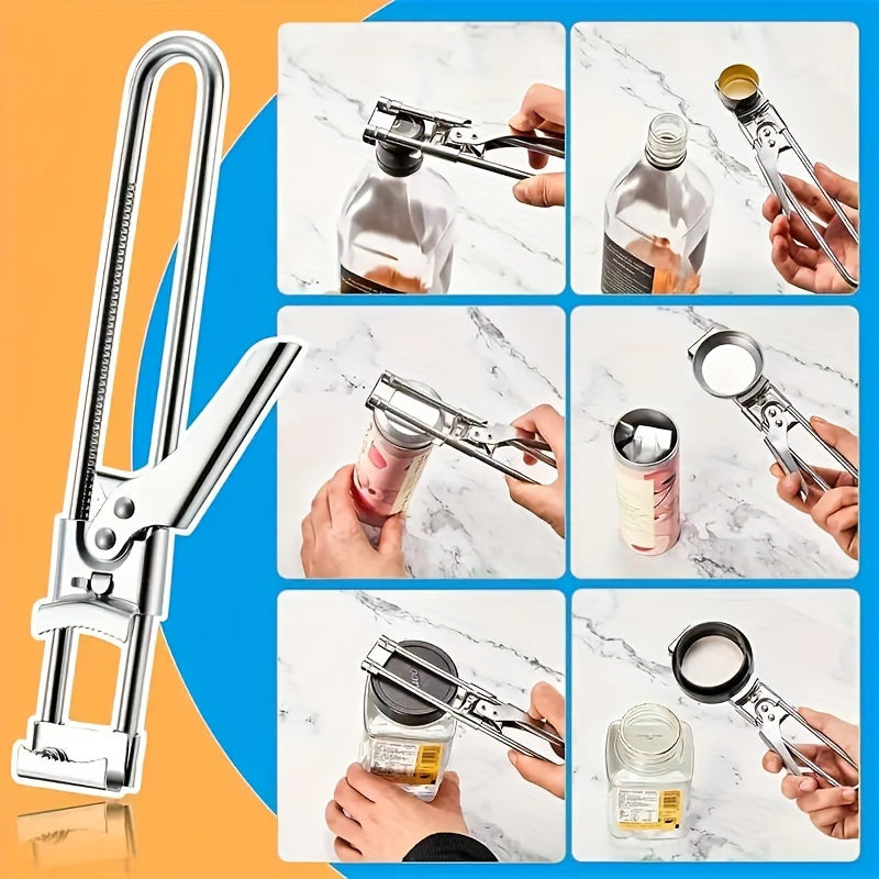 Stainless steel manual jar opener with adjustable lid remover for weak hands - no power needed. Ideal for home and outdoor use.