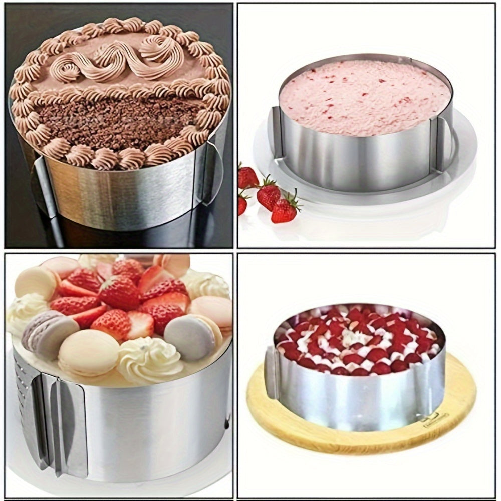 Versatile Cake Mold Ring Set made of Stainless Steel, with Adjustable Size Range of 6 to 30.48 cm, Ideal for Baking Round Mousse Cakes. Perfect for DIY Pastry Projects, Features Easy Release and Cleaning Design