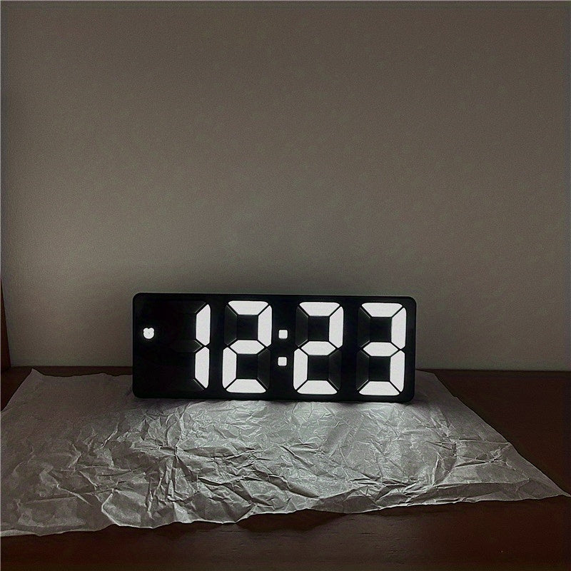 Smart LED desk alarm clock with voice control, silent alarm, snooze function, and wake up alarm.