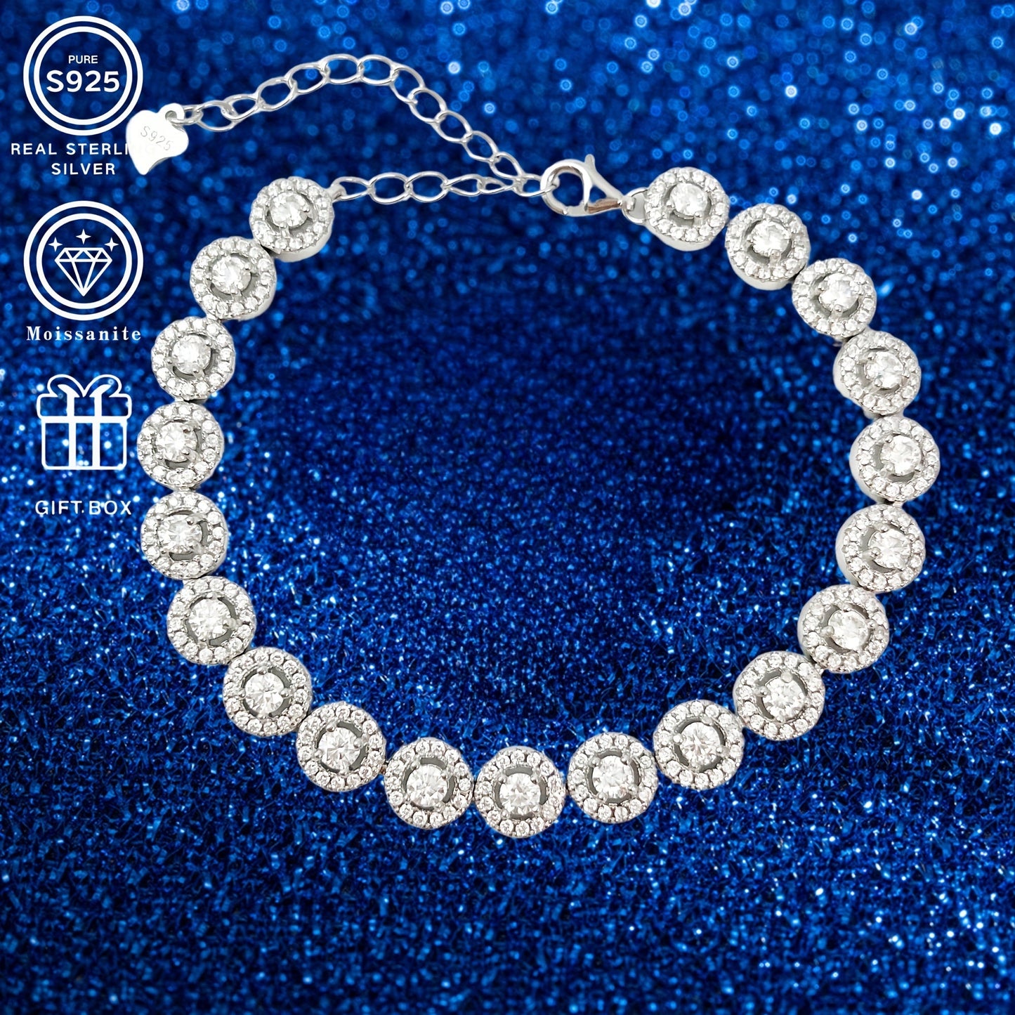 PROLIANCE Luxury 0.1 Carat Moissanite Tennis Bracelet in S925 Sterling Silver - Ideal for Weddings, Parties, and Gifts. Comes in a Gift Box, Suitable for Hip-hop Jewelry, Summer Beach, Music Festivals, Graduations, and Christmas. Features a Simple yet