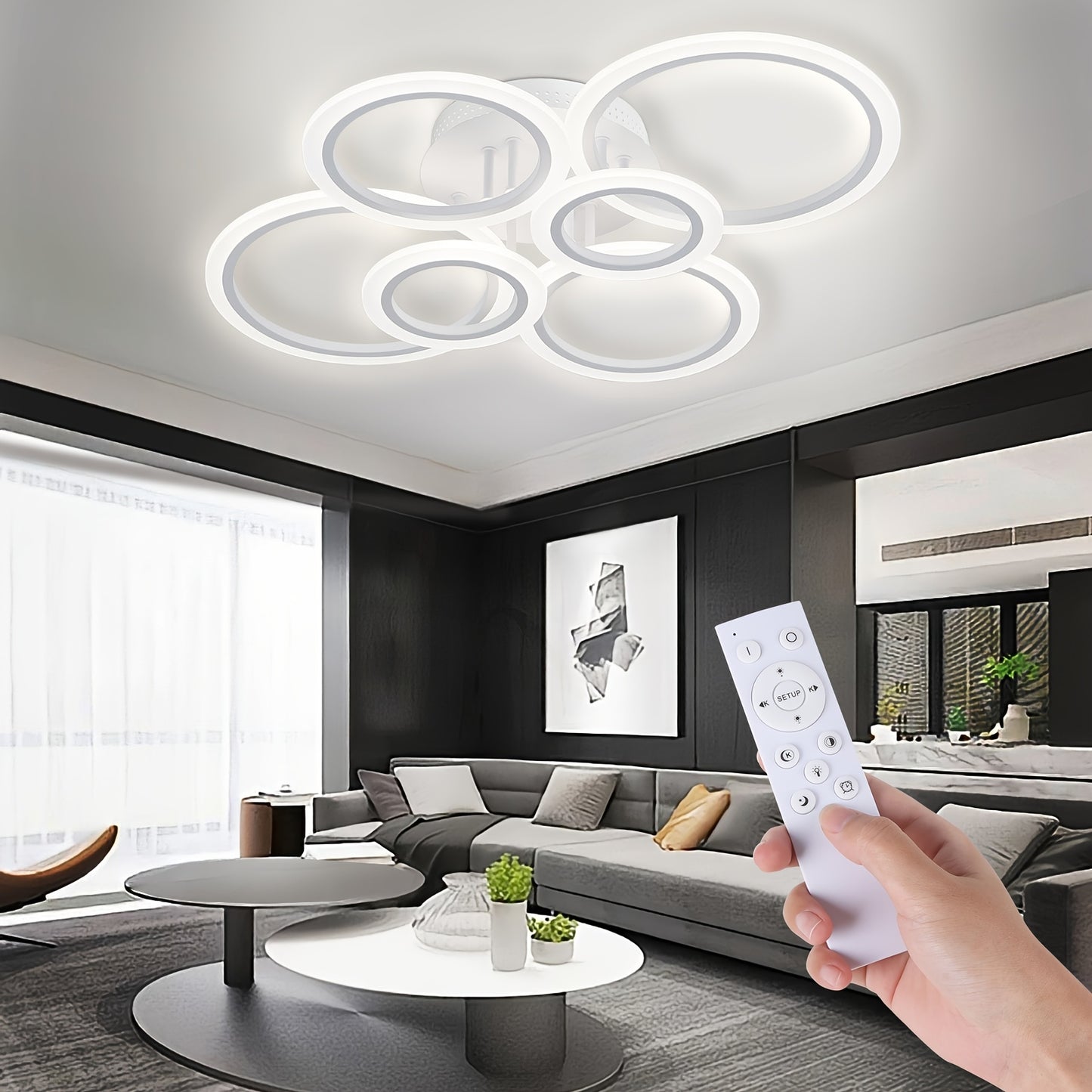 Flush mount 6-head LED ceiling light with remote control, ideal for low ceilings in living rooms, bedrooms, and kitchens.