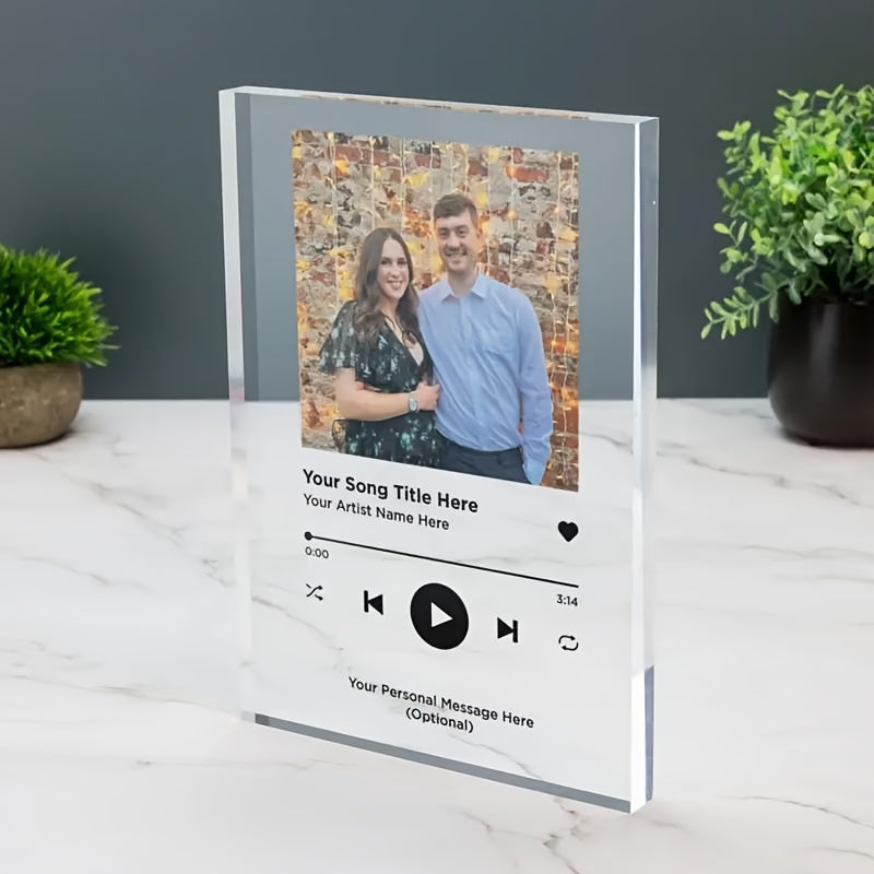 Personalize your space with a Customizable Acrylic Photo Plaque featuring your favorite song album and music selections. This unique display piece is perfect for adding a personal touch to your bedroom decor and makes an ideal memory and Valentine's Day