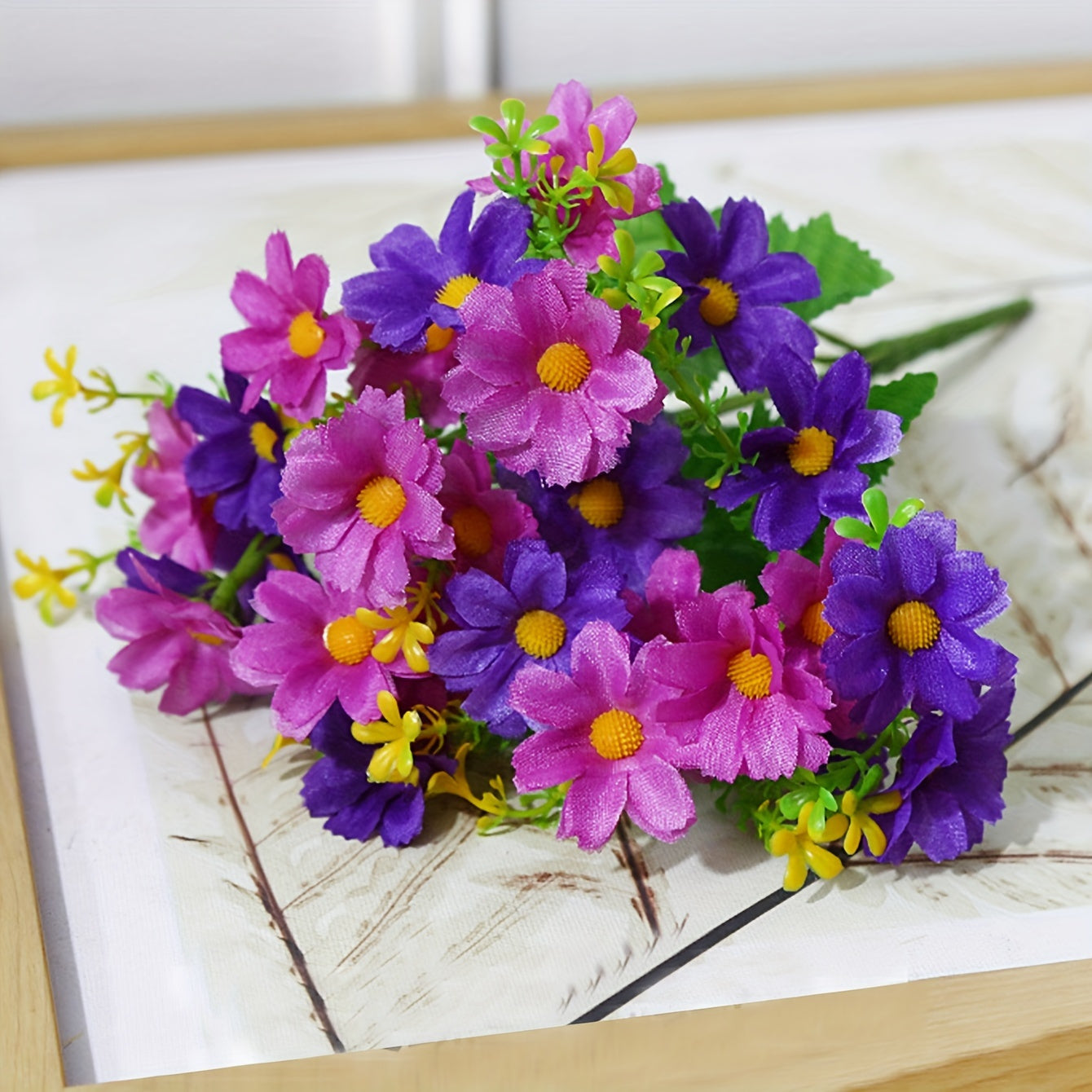 Prom artificial daisy bouquet with plastic faux wild chrysanthemums for indoor and outdoor decor.