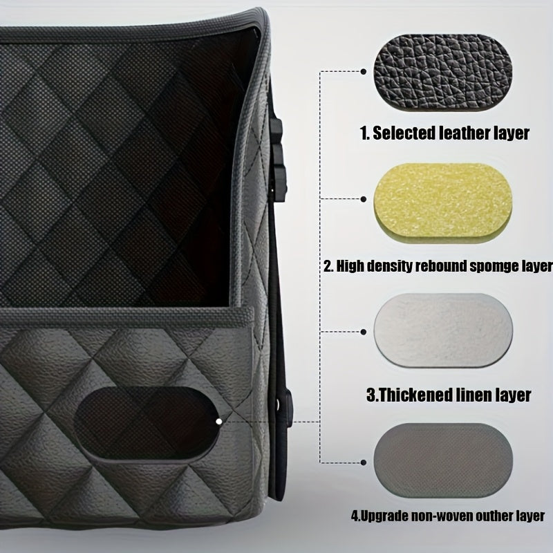 Durable faux leather organizer for car seats with large capacity, storage mesh bag, and hanging mount.