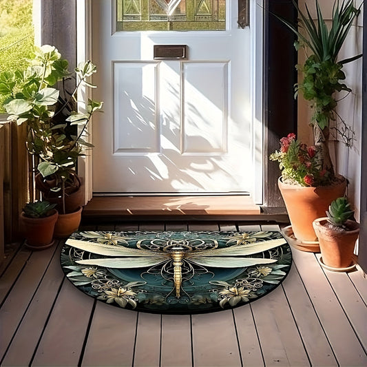 Bohemian Dragonfly Welcome Mat - Vintage Style, Non-Slip, Hand Washable, Semi-Circular Doormat with Rubber Backing for Entryway, Living Room, Bedroom - Machine-Made Polyester Fiber Home Decor Rug