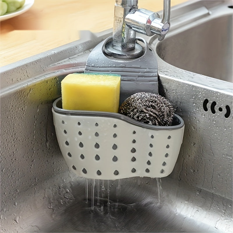 1 hanging basket with sink sponge rack and organizer, silicone storage box, adjustable shoulder strap for drainage, perfect for kitchen sink absorption, bathroom faucet hanging basket storage, and organizing kitchen supplies.