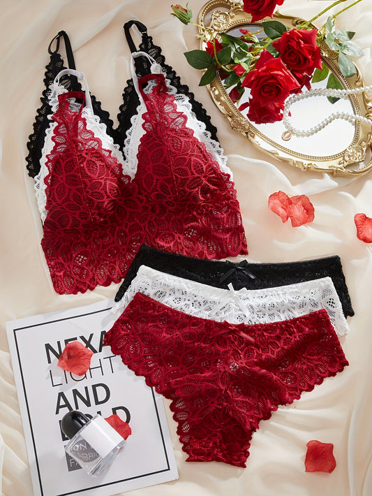 6-piece lace lingerie set in red & black with scalloped neck bra & Mid-Rise panties, removable pads, breathable nylon blend, ideal for adults.