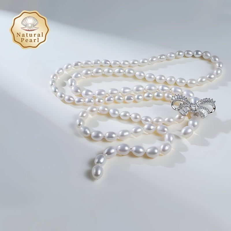 MUFAN Elegant Luxury Pearl Necklace features Natural Freshwater Pearls 6-9mm with Synthetic Zirconia Inlay. It has a Bowknot Tassel Design and is free from plating. This necklace is perfect for daily wear and gifting, as it is June Birthstone Compatible