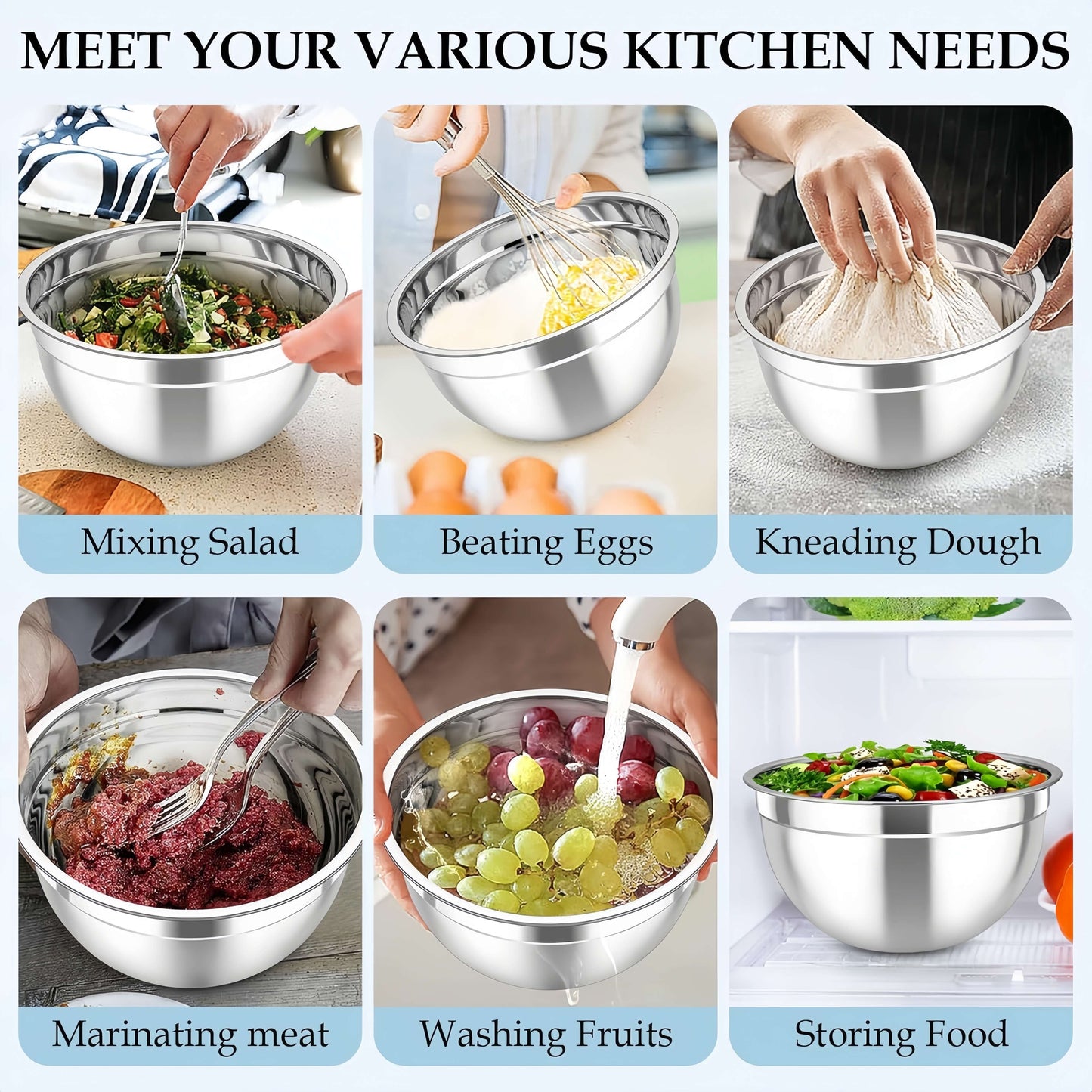 This set includes 15 stainless steel mixing bowls with black seal covers. 
The nesting style design includes 3 grater accessories and a metal nesting storage bowl to save space in your kitchen.
These versatile bowls are dishwasher safe and perfect for