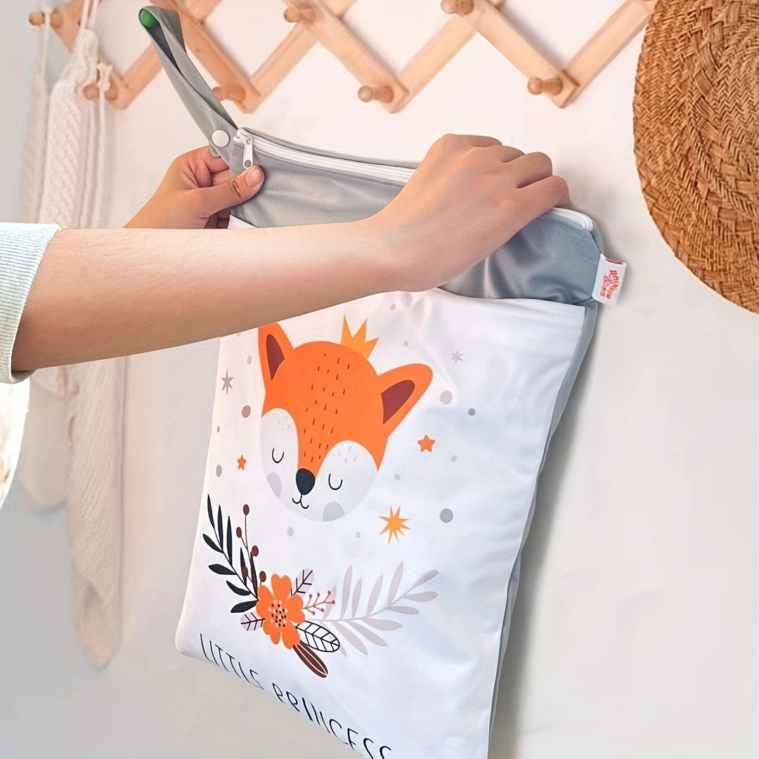 Travel in style with the Mommy Bag Double Zipper Trolley Hanging Bag, a waterproof diaper bag adorned with a cute fox print. This versatile storage bag is perfect for all your travel essentials.