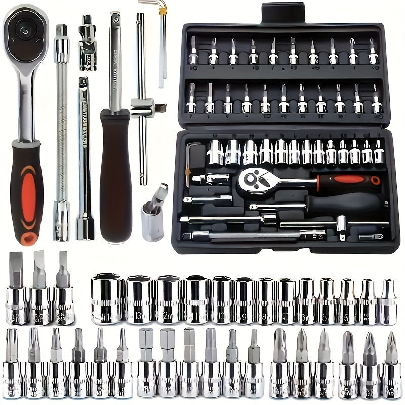 A comprehensive 46-piece professional sleeve set featuring an iron ratchet wrench with a 1/4 inch drive, versatile multi-function screwdriver head sleeve, precise metric measurements, and a convenient extension rod. Ideal for car repair and maintenance