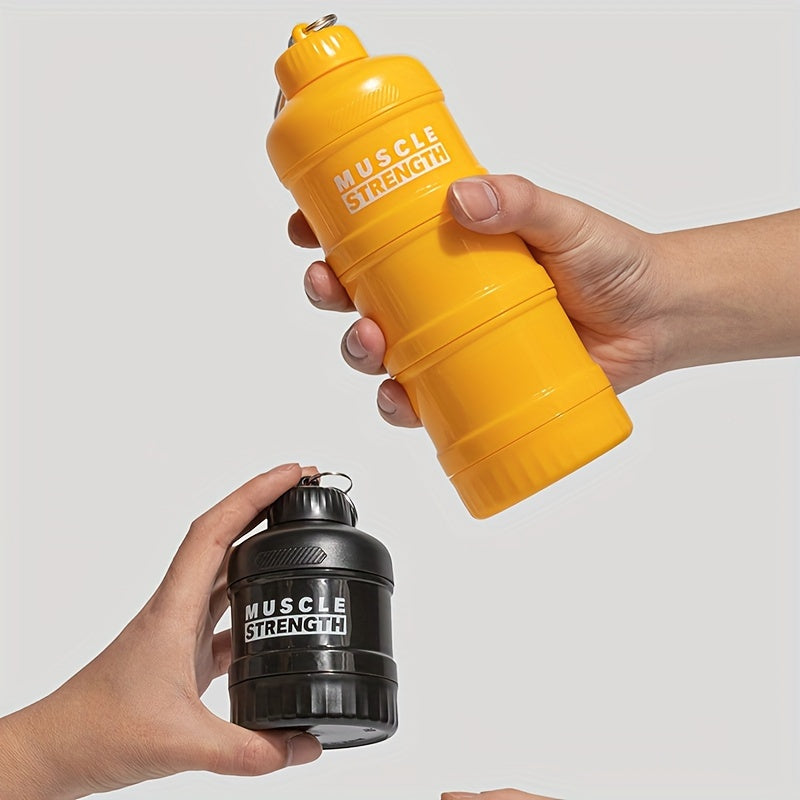 Portable protein powder container with a multi-tier plastic bottle for gym and outdoor sports, with a keychain. Size 7cm X 11cm/20cm/15.5cm.