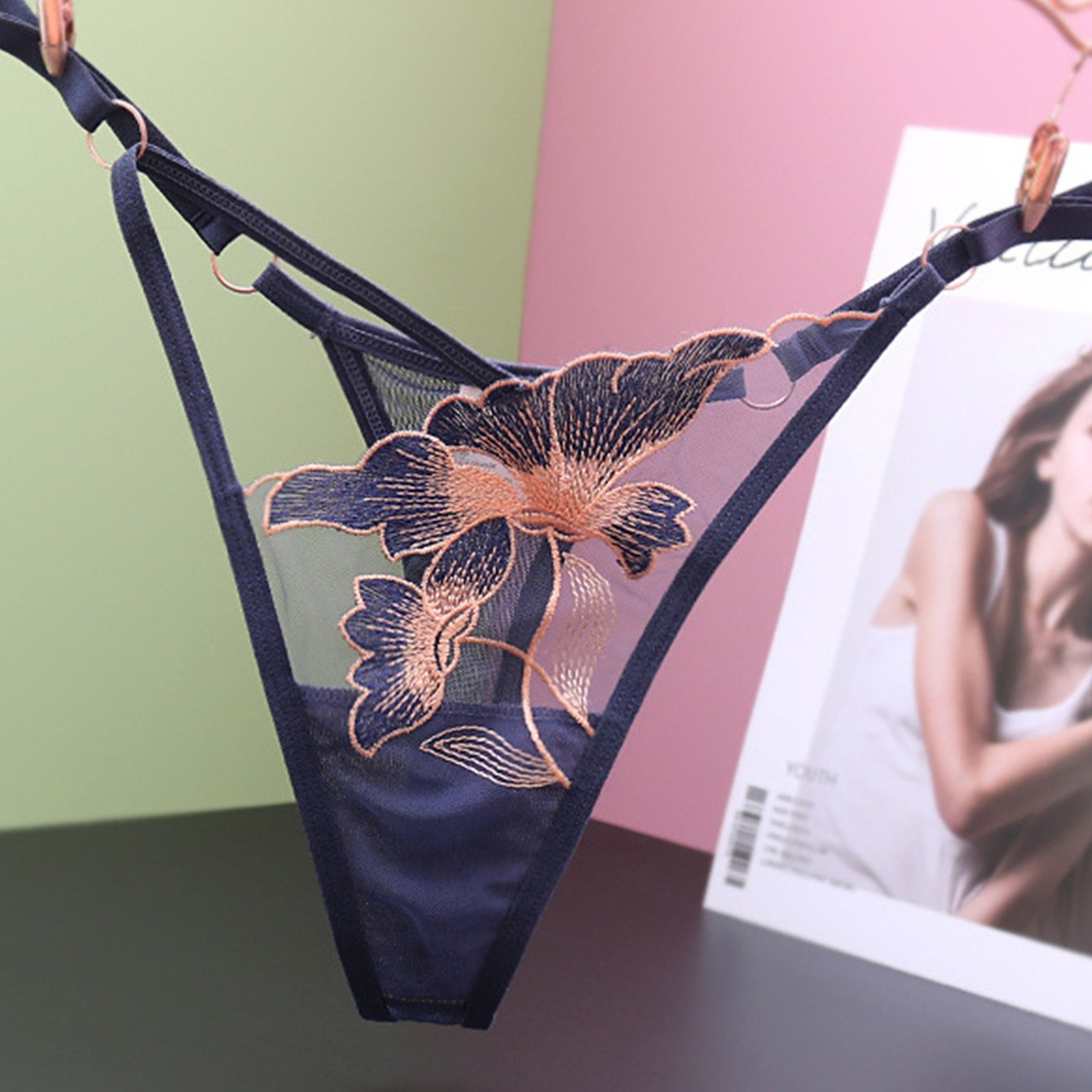 Sexy lingerie and underwear for women, including floral embroidered thongs and seamless mesh panties.