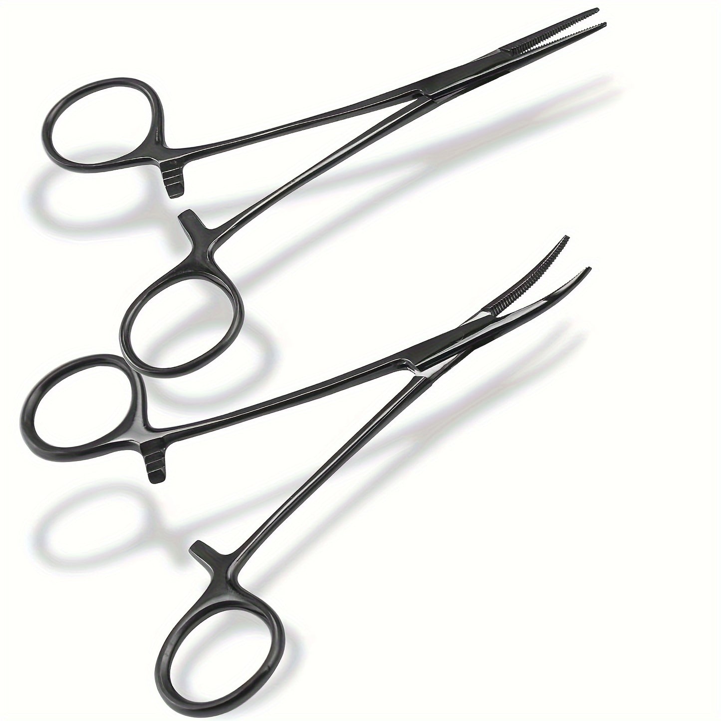 Set of 2 rainbow-colored hemostat forceps made of stainless steel, with straight and curved pliers for medical, veterinary, and hobby use. Ergonomic design for rust-resistance and