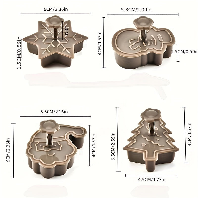 Christmas Cookie Cutter Set includes 4 pieces featuring Snowman, Snowflake, Christmas Tree, and Santa Claus patterns. Ideal for holiday baking.