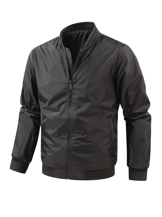 Men's Plus Size Lightweight Black Bomber Jacket with Stand Collar and Zip-Up Closure, Elastic Wrist Detail.